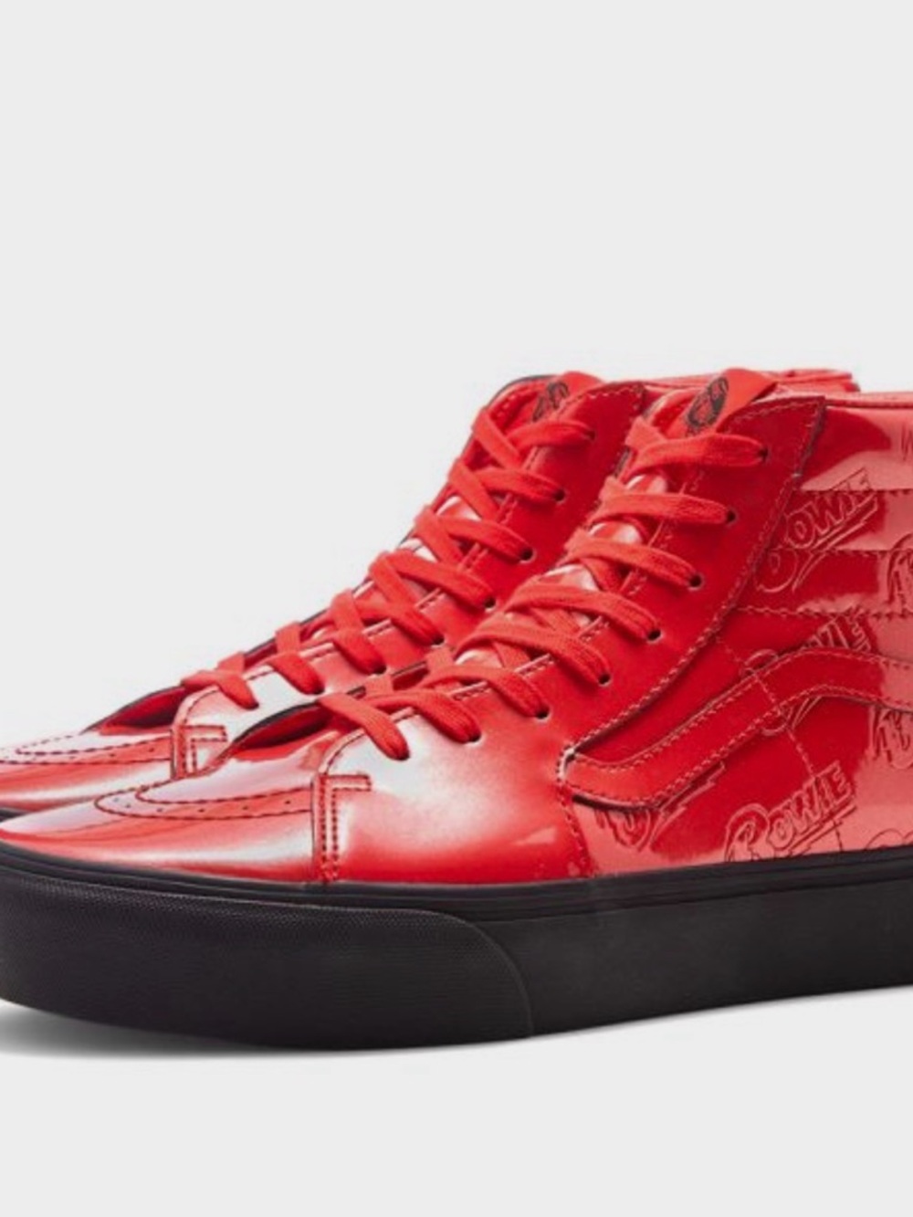 2018 David Bowie Vans Women's High-Top Sneakers in Glossy Red with Black Sole